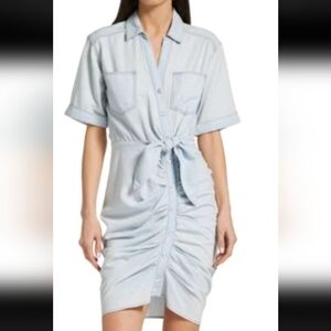 Veronica Beard Hensley Mini Dress Glacier Blue Tie Snap Front Ruched Size 2 FLAW